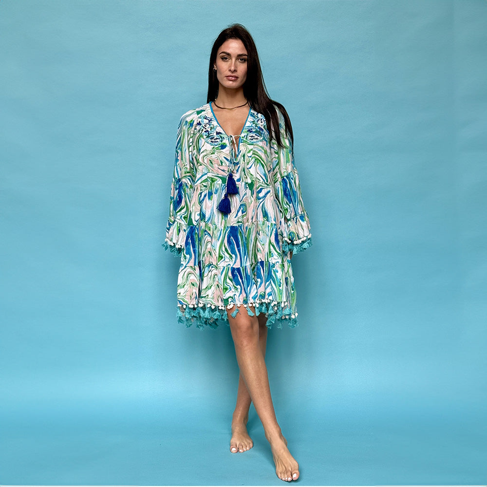Antica Sartoria Positano Dress Green, turquoise, cobalt blue & pale peach
