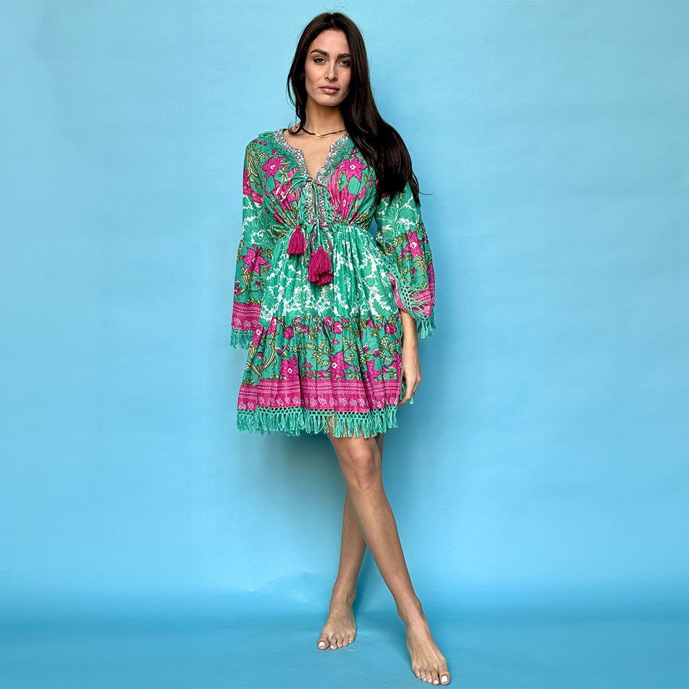 Antica Sartoria  Positano Dress Fuchsia &amp; Jade Green Print