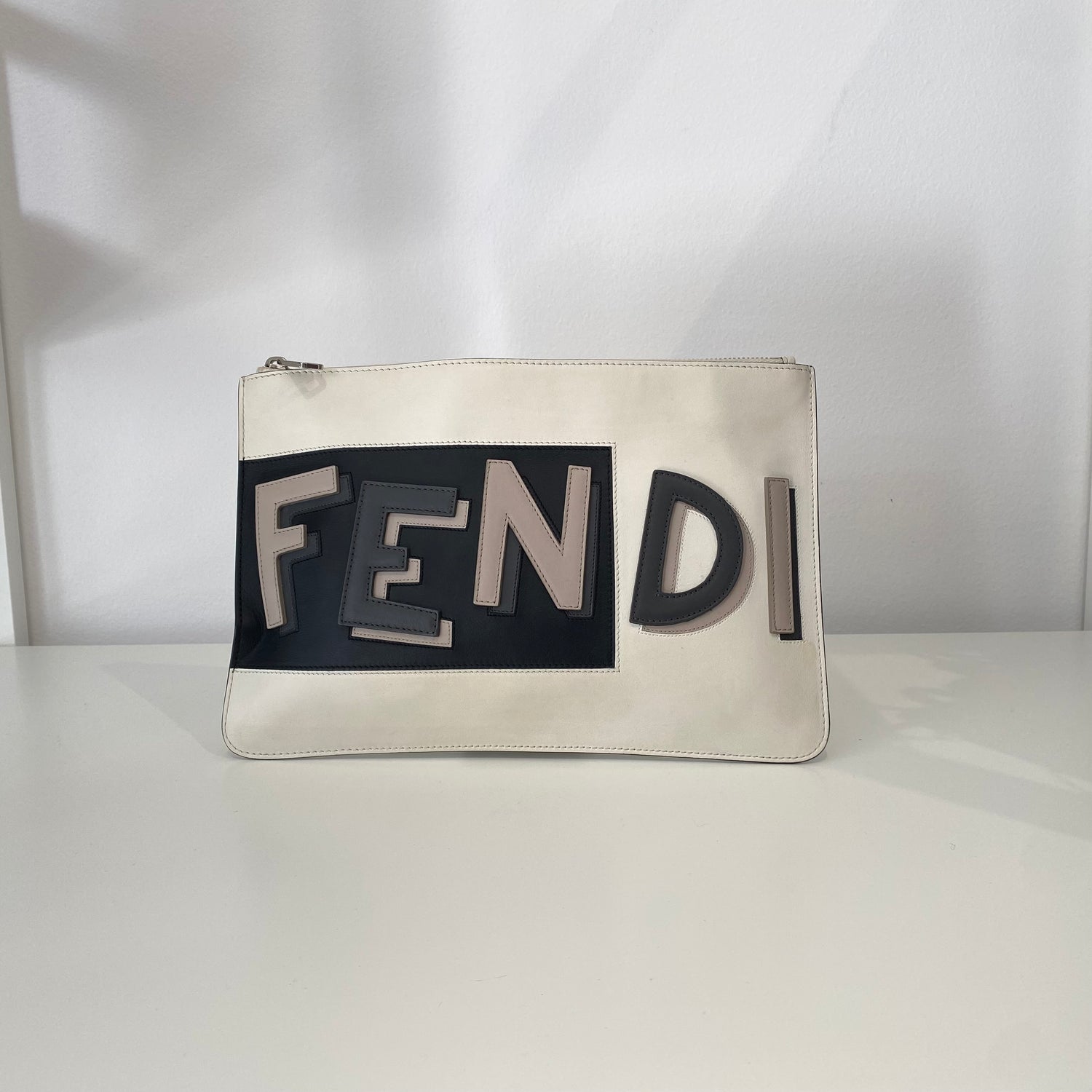 Fendi White Leather Flat Alphabet Pouch