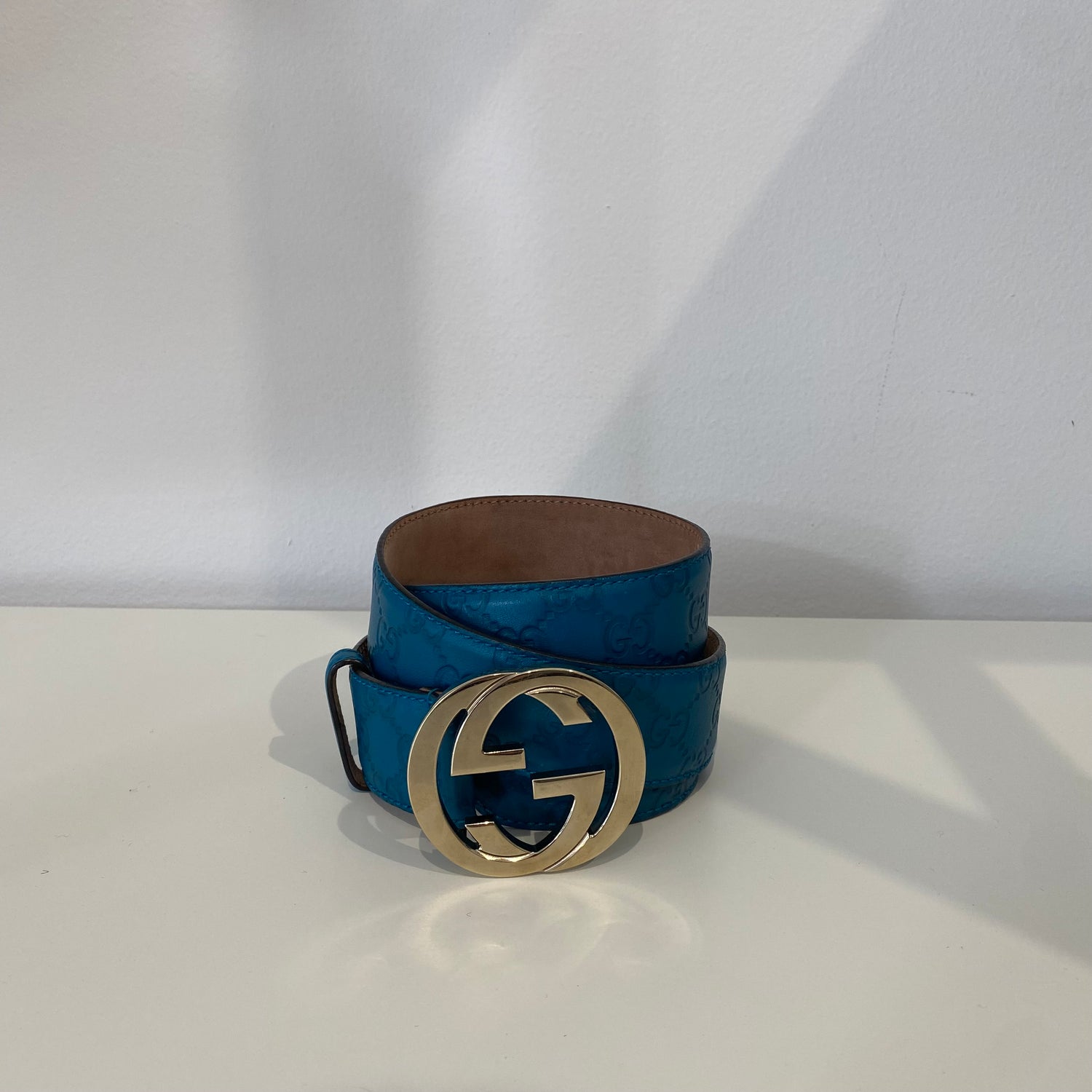 Gucci Teal Guccissima Leather Gold Interlocking G Buckle Belt