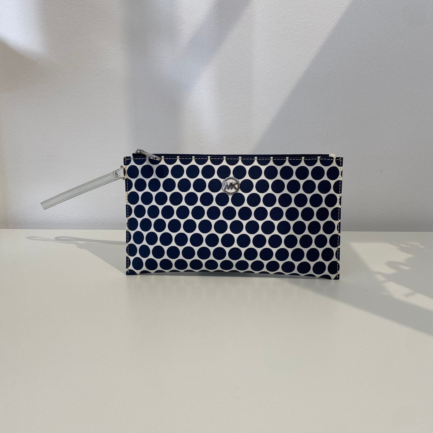Michael Kors White With Navy Polka Dot Wristlet Clutch