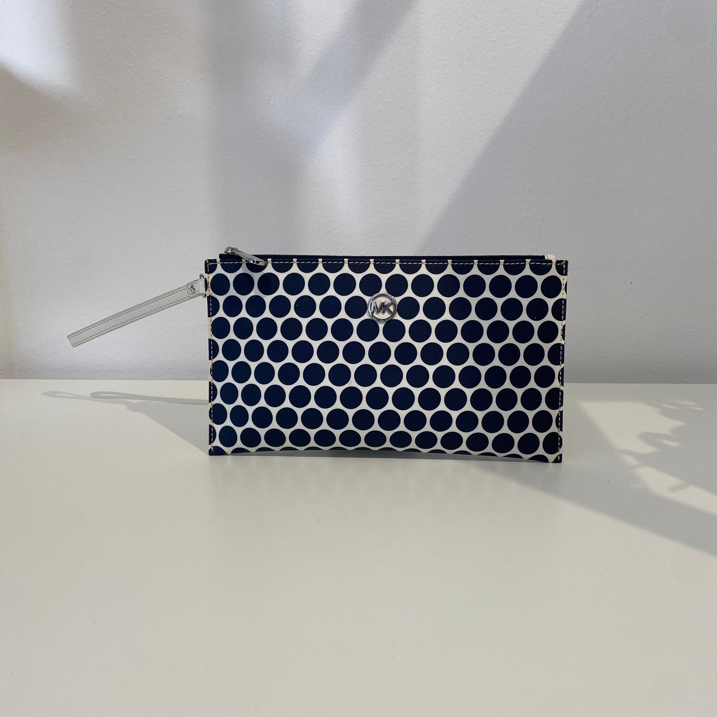 Michael Kors White With Navy Polka Dot Wristlet Clutch