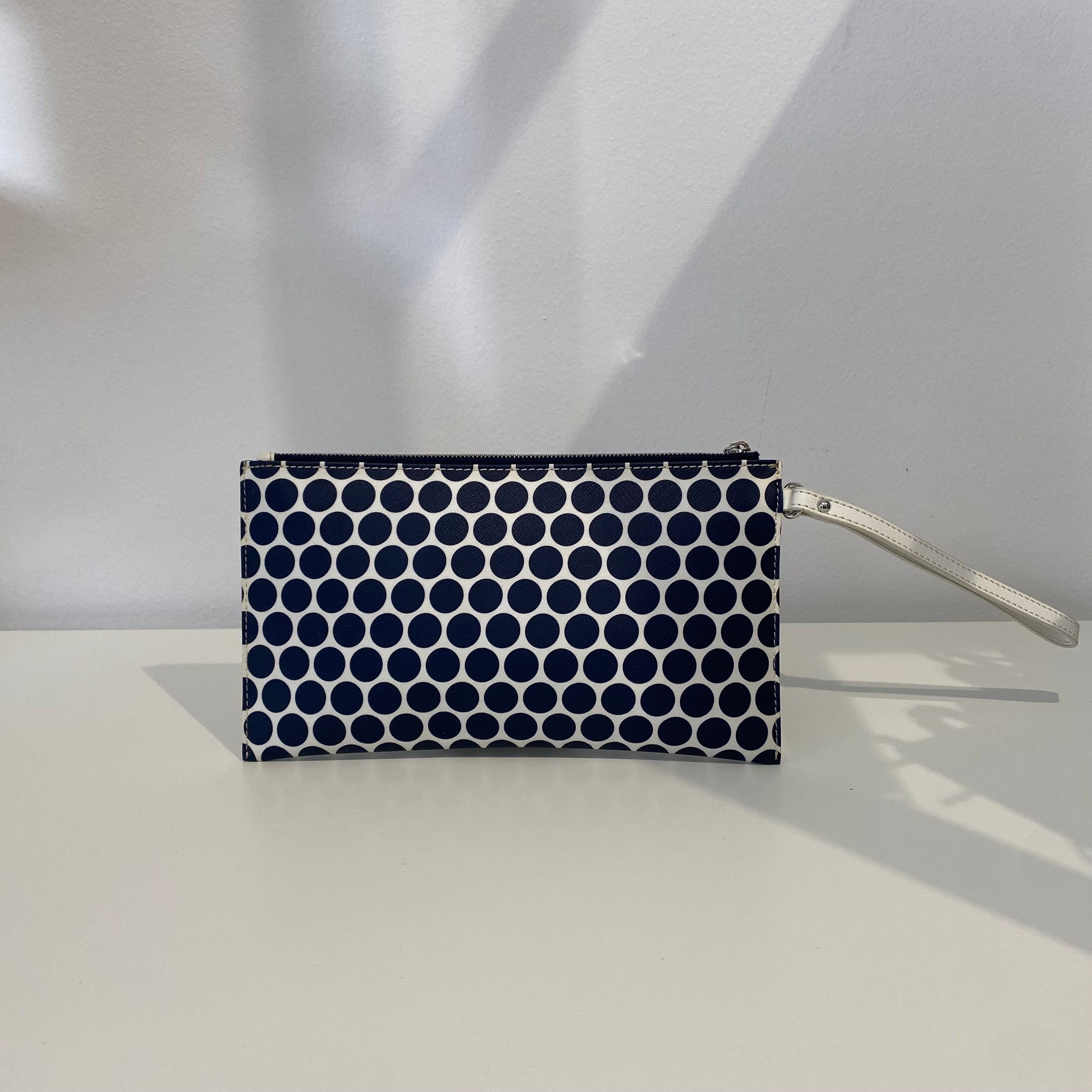 Michael Kors White With Navy Polka Dot Wristlet Clutch