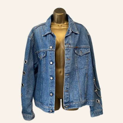 Cropped Denim Jacket with Grommet Sleeves &amp;