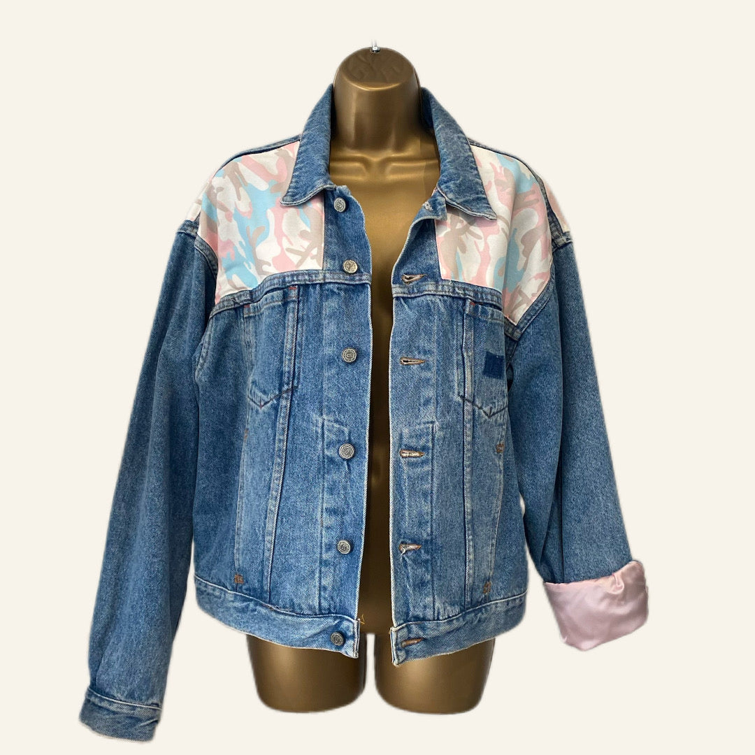 Unique Vintage Denim Jacket with Pastel Camo &amp; Satin Cuff Details