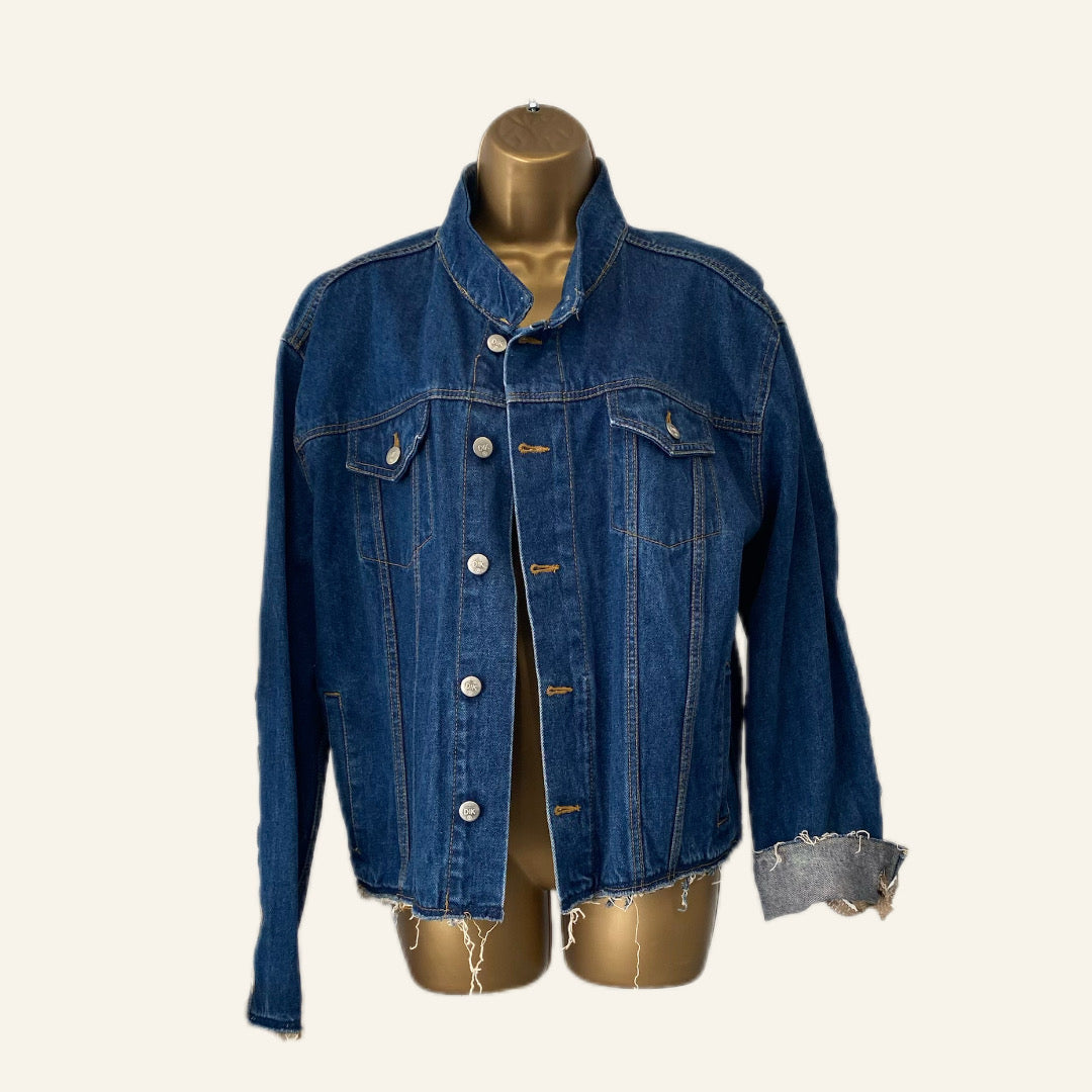 Statement Vintage Denim Jacket with Grommet Sleeves – &quot;OKAY&quot; On the back