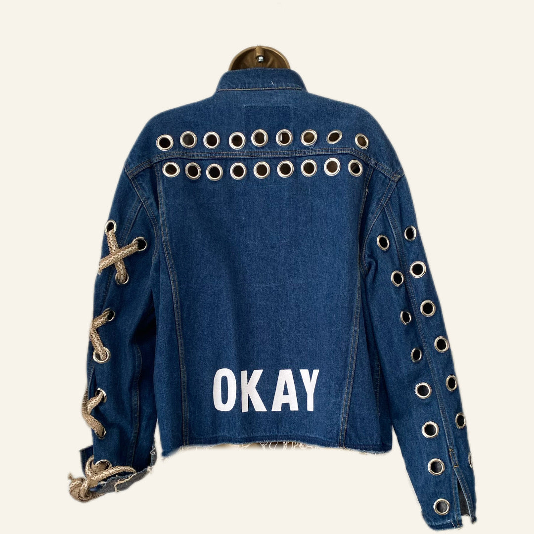Statement Vintage Denim Jacket with Grommet Sleeves – &quot;OKAY&quot; On the back
