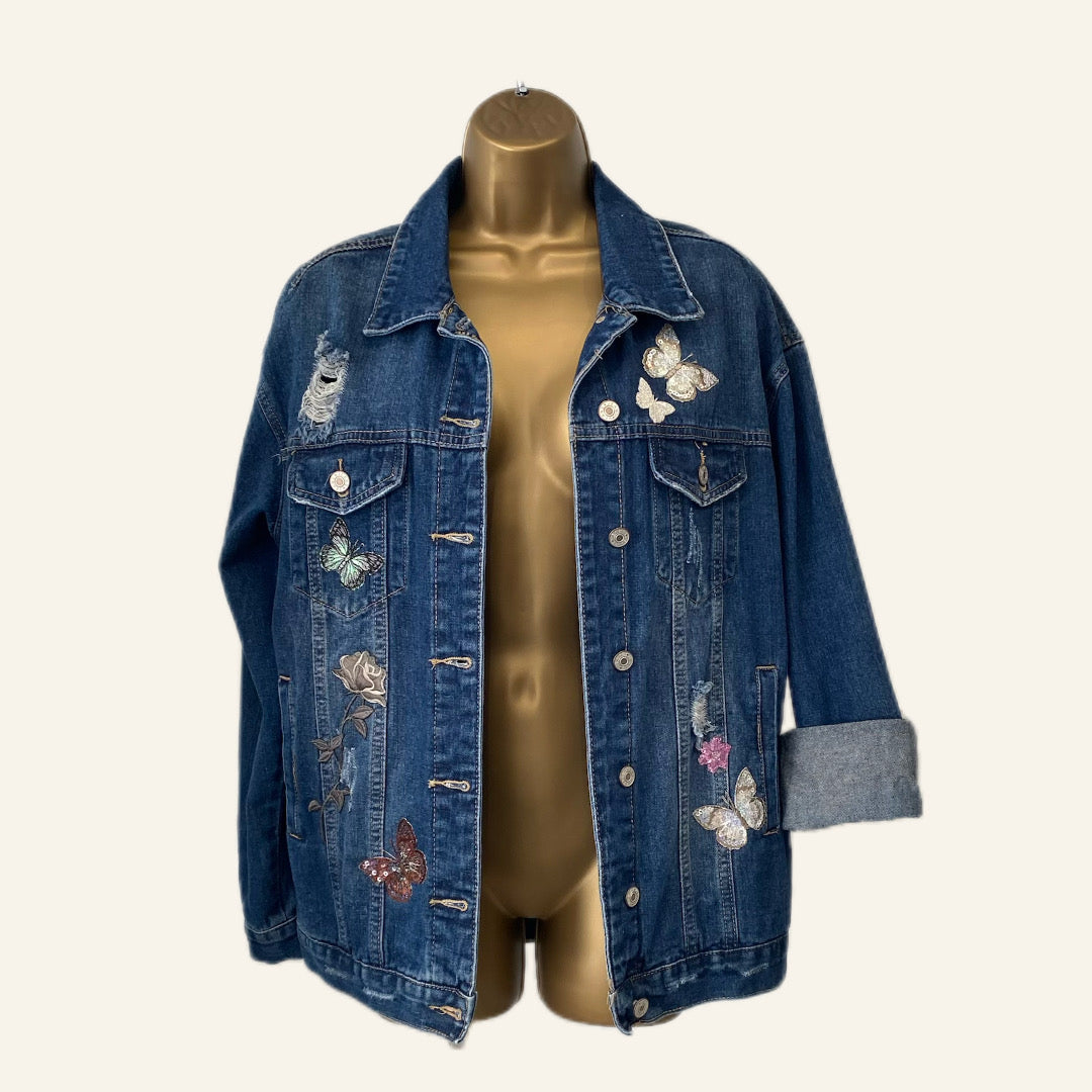 Denim Jacket with Embroidered Butterflies – Front &amp; Back Detail