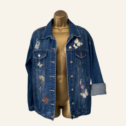 Denim Jacket with Embroidered Butterflies – Front &amp; Back Detail