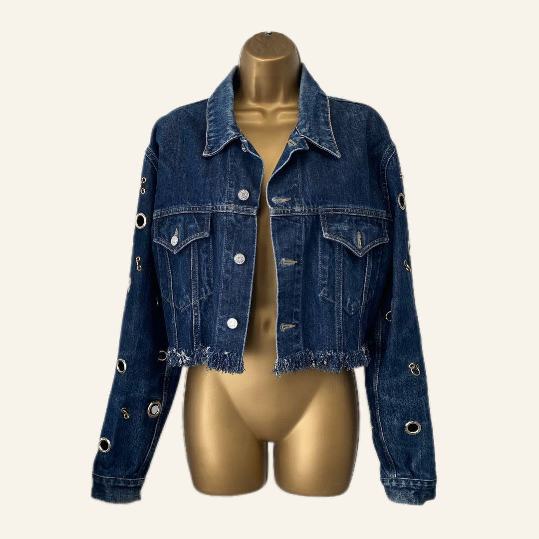 Cropped Vintage Denim Jacket with Grommet Sleeves!   &quot;CREW LOVE&quot; in baby pink on the back