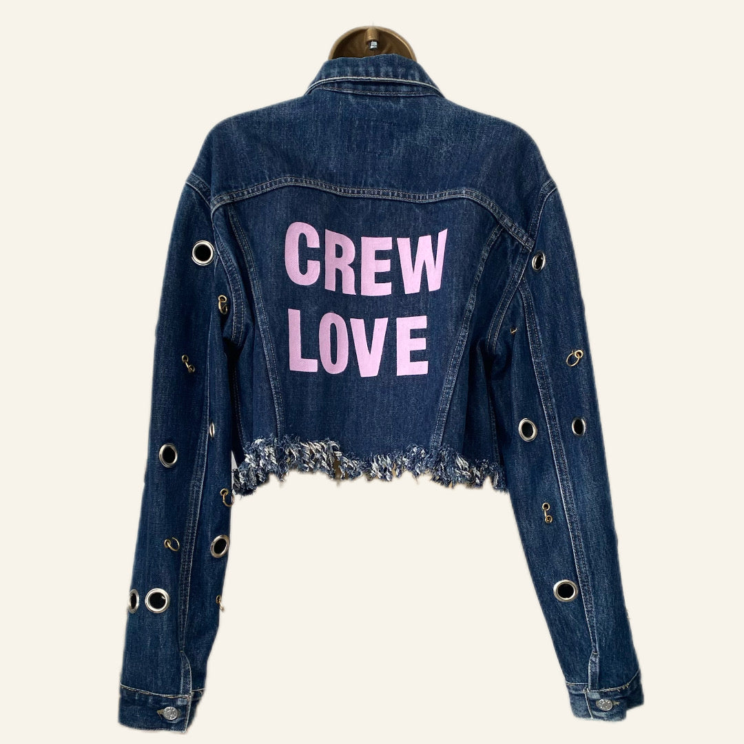Cropped Vintage Denim Jacket with Grommet Sleeves!   &quot;CREW LOVE&quot; in baby pink on the back