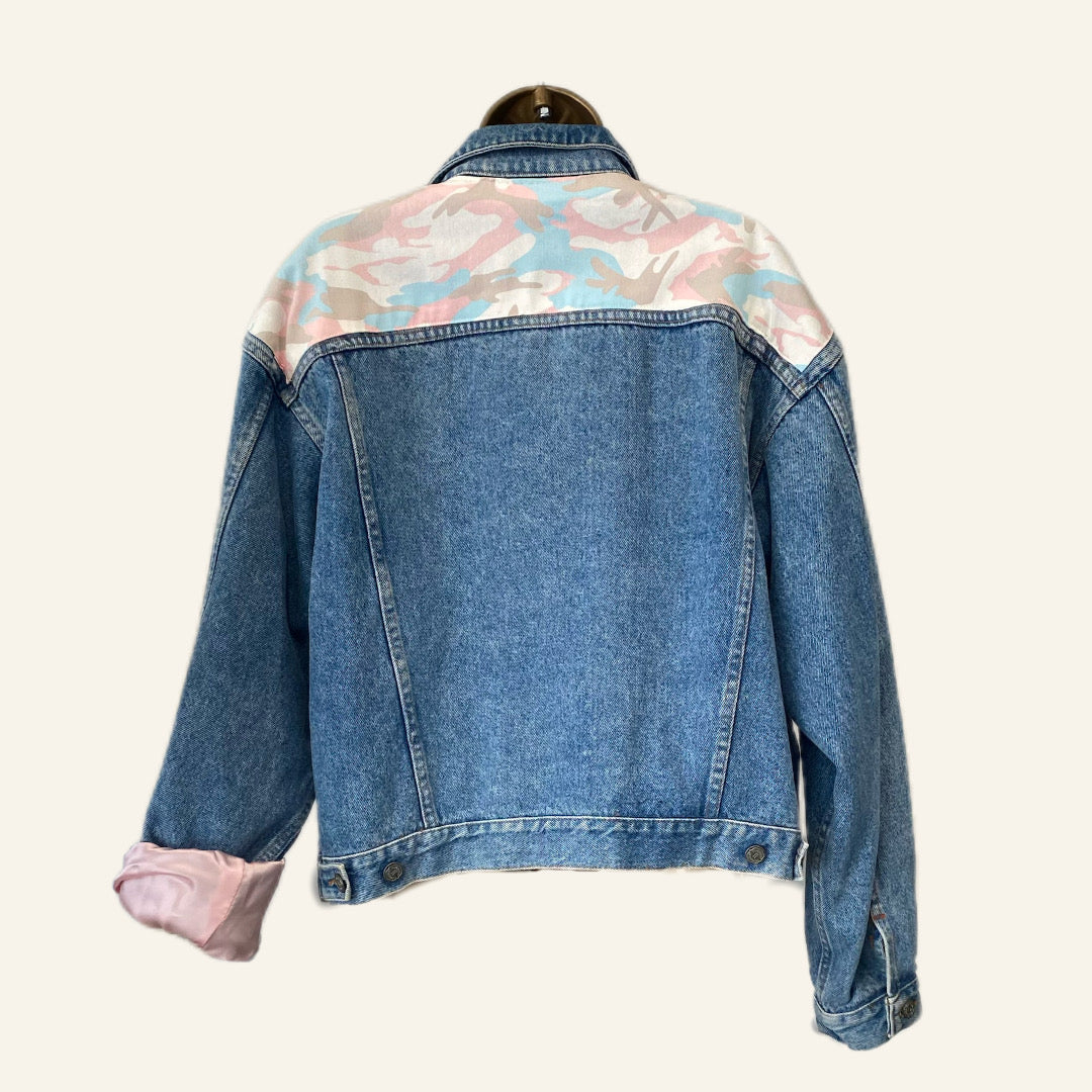 Unique Vintage Denim Jacket with Pastel Camo &amp; Satin Cuff Details