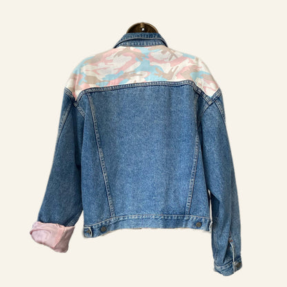 Unique Vintage Denim Jacket with Pastel Camo &amp; Satin Cuff Details