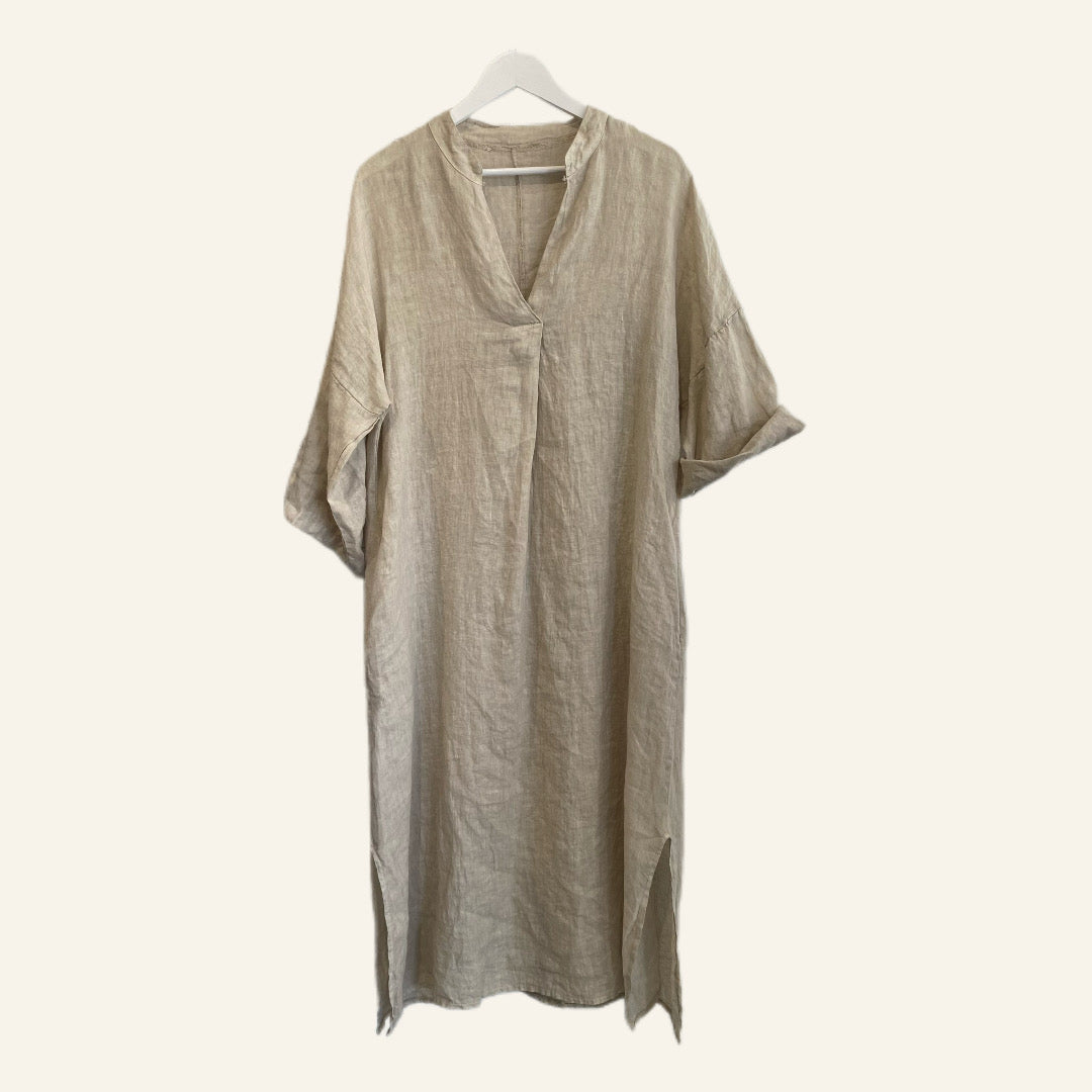 Beige 100% Linen  Shirt Dress