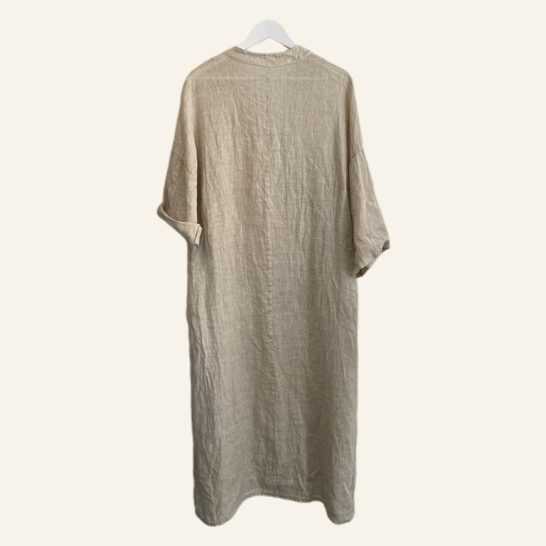 Beige 100% Linen  Shirt Dress