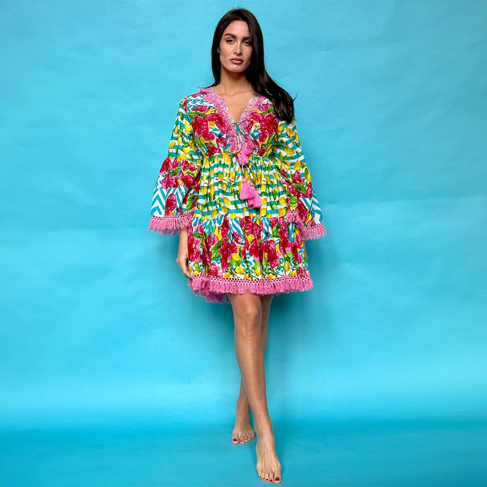 Antica Sartoria Positano Dress Lemons &amp; Roses Print trimmed with Bubble Gum Pink Tassels