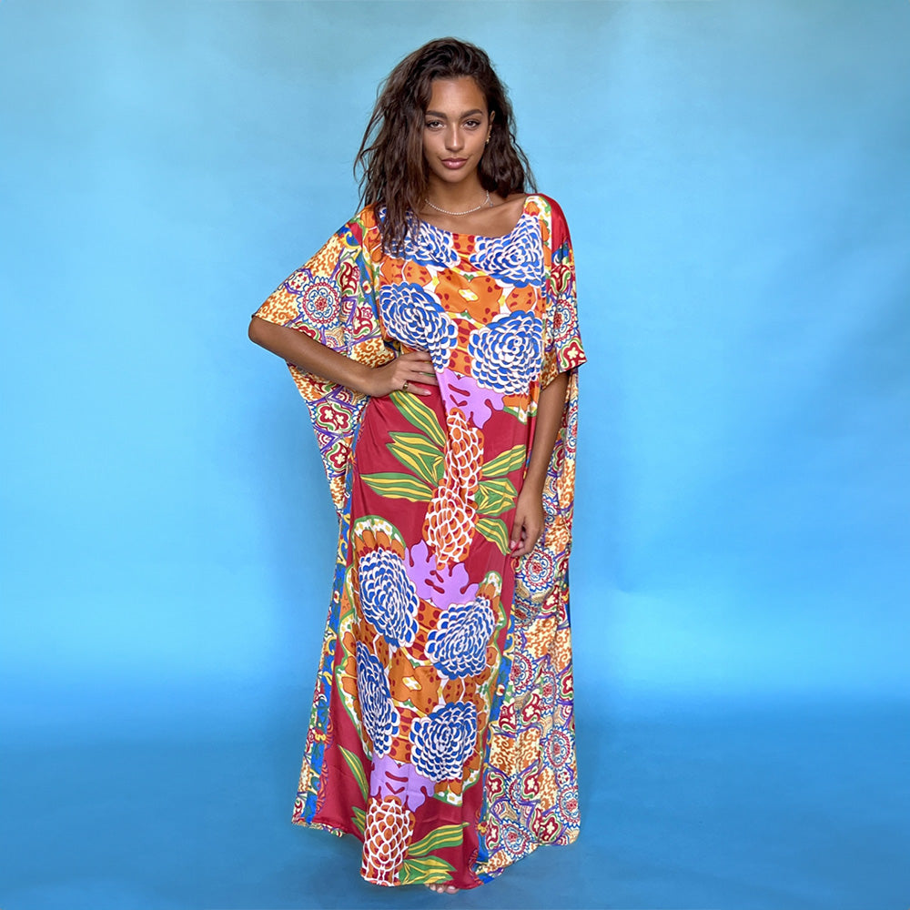 Antica Sartoria Positano Long Kaftan hibiscus print with red background