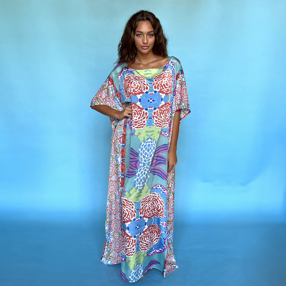 Antica Sartoria Positano Long Kaftan Hibiscus Print with Aqua Blue background