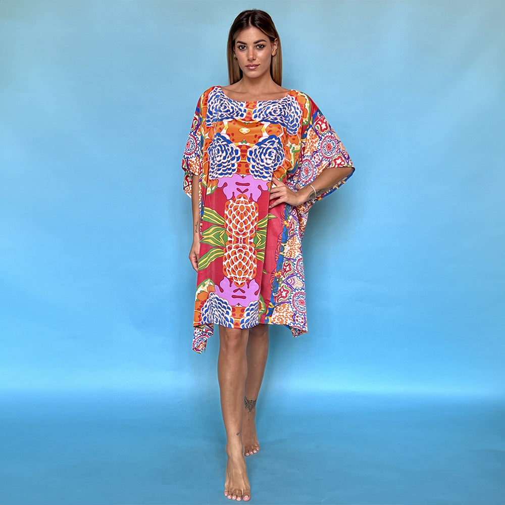 Antica Sartoria  Positano Tunic Dress/Top  Hibiscus Print Red &amp; Orange