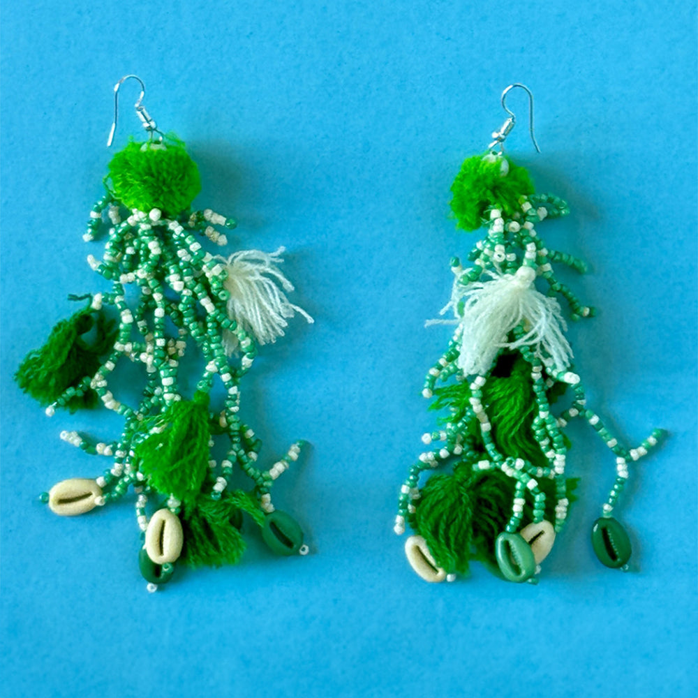 Antica Sartoria Long Tasseled Earrings decorated with beads, shells and Pom-poms