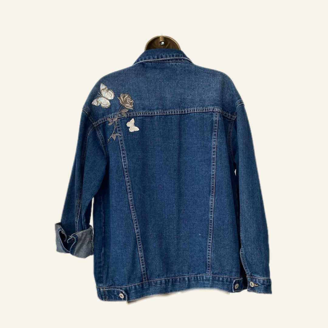 Denim Jacket with Embroidered Butterflies – Front &amp; Back Detail
